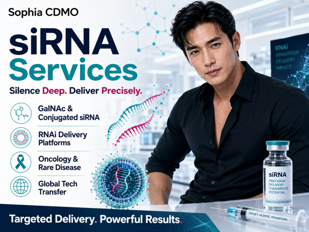 Sophia CDMO siRNA Services advertisement featuring a handsome male laboratory director in a fitted black shirt inside a modern biotechnology laboratory. Large navy and teal typography highlights GalNAc and conjugated siRNA, RNAi delivery platforms, oncology, rare disease, and global technology transfer, with RNA duplex and lipid-delivery graphics.