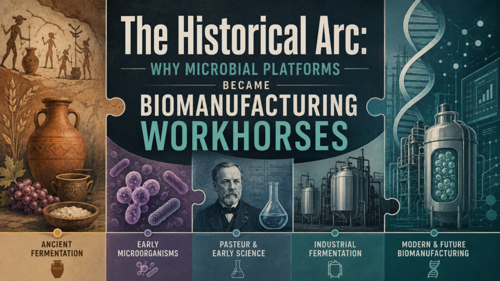 Matte, puzzle-style biotech timeline graphic titled “The Historical Arc: Why Microbial Platforms Became Biomanufacturing Workhorses,” showing ancient fermentation, early microorganisms, Pasteur-era science, industrial fermentation, and modern future biomanufacturing through connected visual panels with microbes, fermentation vessels, bioreactors, DNA, and symbolic scientific imagery.