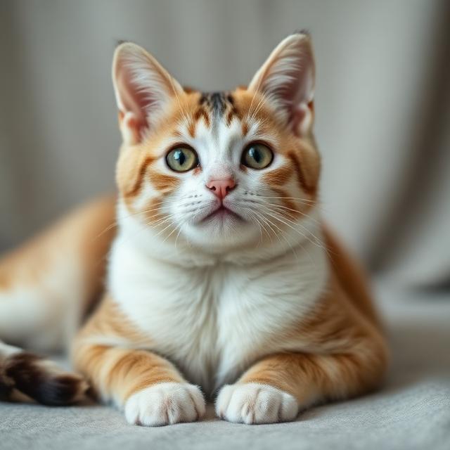 White, tan, orange youthful beautiful cat, laying down on grey carpet with grey background, seems like a french cat