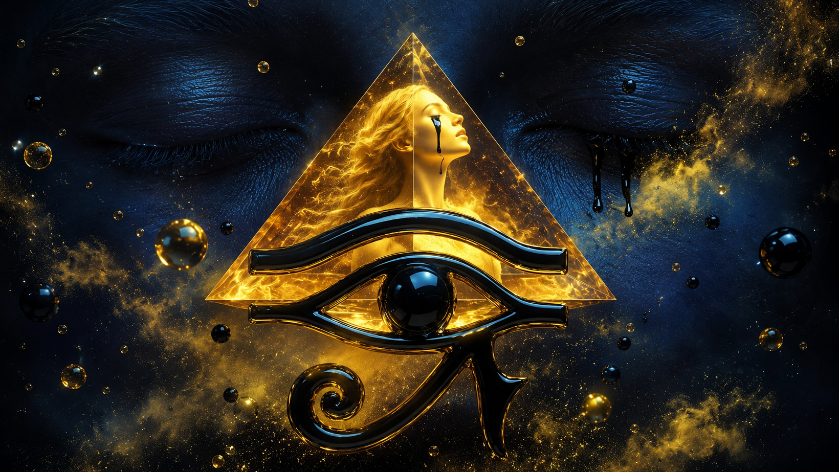 Surreal philosophical wide banner with dark blue cosmic face, glowing gold pyramid, golden female figure, Eye of Horus symbol, floating metallic spheres, black liquid tears, and mystical gold smoke in an abstract dreamlike style.