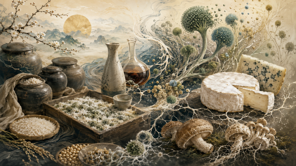Artistic banner illustrating the history of fungal fermentation, with koji rice, traditional fermentation jars, sake, soybeans, Penicillium-ripened cheeses, mushrooms, mycelium networks, fungal spores, and natural fermentation imagery.