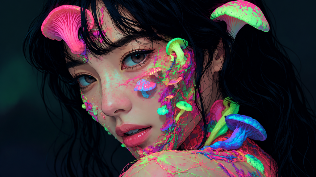 Ultra-sharp surreal portrait of a young East Asian woman surrounded by glowing pink, blue, green, and purple mushrooms, with neon mycelium and bioluminescent fungal patterns across her face and shoulder.