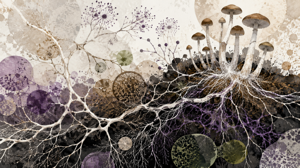 Surreal fungal illustration showing an intricate network of hyphae and mycelium weaving through abstract mushroom forms in black, white, grey, tan, brown, purple, and green, with an organic, scientific, and slightly dreamlike aesthetic.