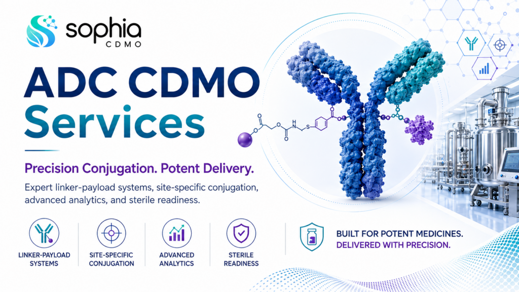 Wide Sophia CDMO banner for ADC CDMO Services featuring a blue and teal antibody-drug conjugate illustration, linker-payload chemistry graphic, sterile biomanufacturing equipment, and bold service messaging for precision conjugation, potent delivery, linker-payload systems, site-specific conjugation, advanced analytics, sterile readiness, and GMP manufacturing strategy.