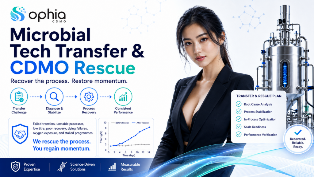 Sophia CDMO microbial tech transfer and CDMO rescue services banner featuring a professional biotech model, stainless-steel bioreactor, transfer and rescue workflow icons, process recovery chart, and rescue plan checklist for failed transfers, unstable microbial processes, low titre, poor recovery, drying failures, oxygen exposure, process stabilisation, scale readiness, and GMP manufacturing recovery.