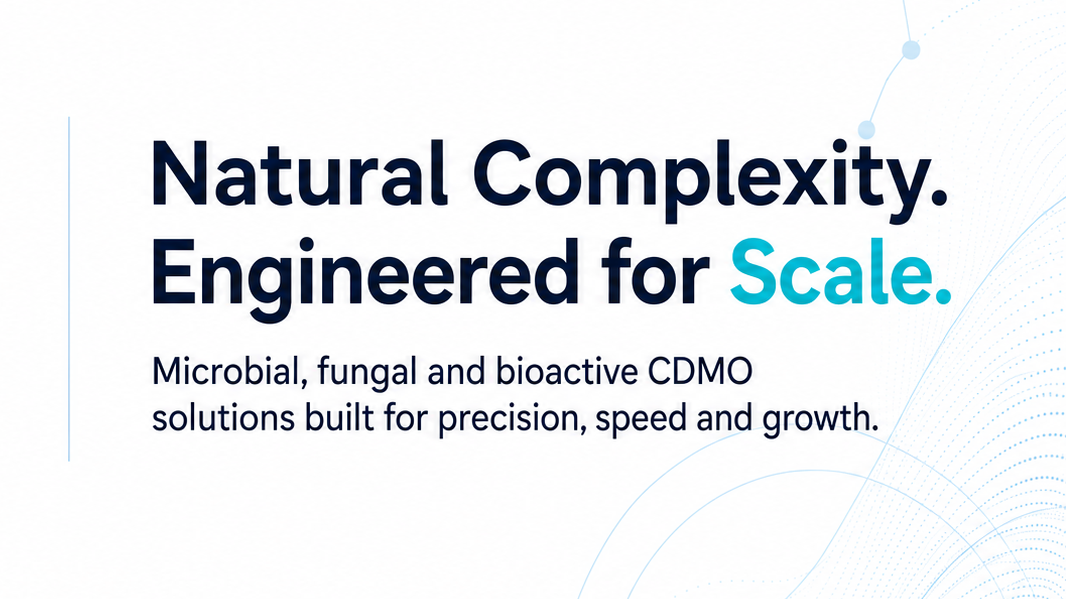 Sophia banner reads black on white 'Natural Complexity Engineered for Scale. Microbial, fungal and bioactive CDMO solutions built for precision, speed and growth. 'Scale' is in turquoise.