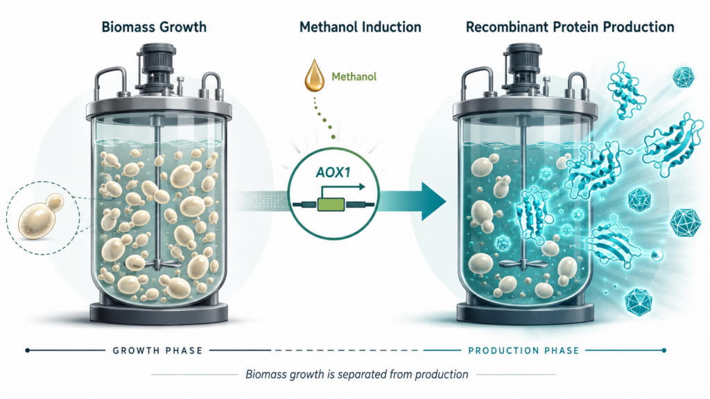 Diagram showing Pichia biomass growth followed by methanol induction through the AOX1 promoter, separating the growth phase from recombinant protein production in stirred bioreactors.