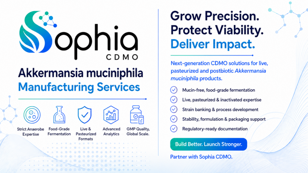 Wide Sophia CDMO banner for Akkermansia muciniphila Manufacturing Services with a clean white and blue biotech design, large Sophia CDMO logo, bold slogan reading “Grow Precision. Protect Viability. Deliver Impact.” and clear service icons for strict anaerobe expertise, food-grade fermentation, live and pasteurised formats, advanced analytics, and GMP quality at global scale.