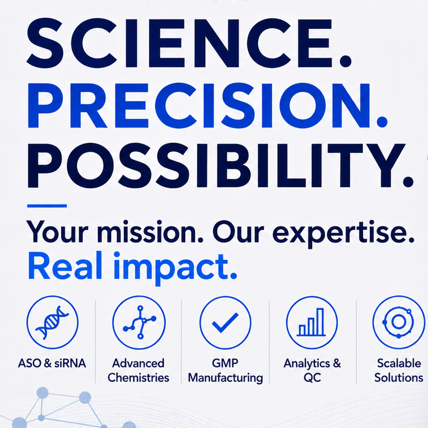 The message “Science. Precision. Possibility.” Blue white black colors