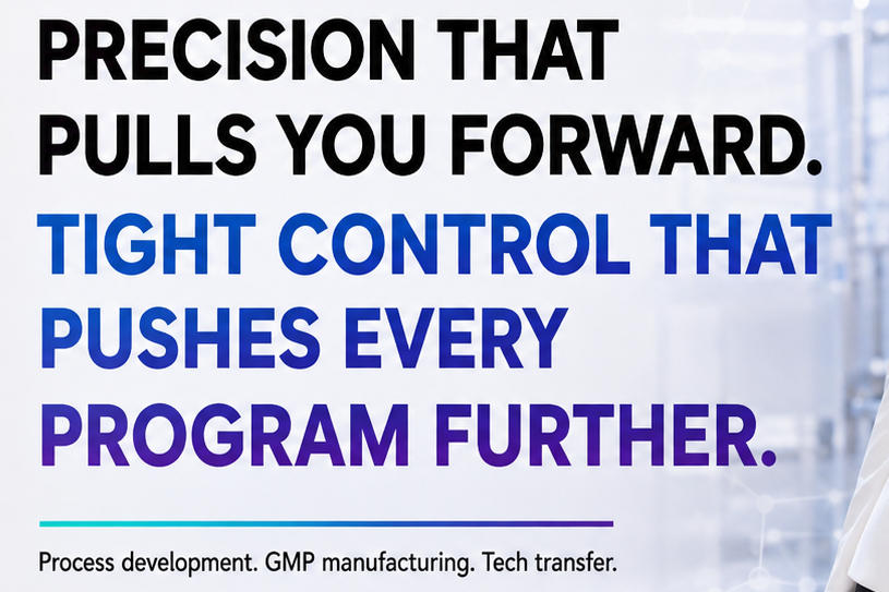 Bold text reads “Precision That Pulls You Forward. Tight Control That Pushes Every Program Further.” with supporting copy about process development, GMP manufacturing and technology transfer.