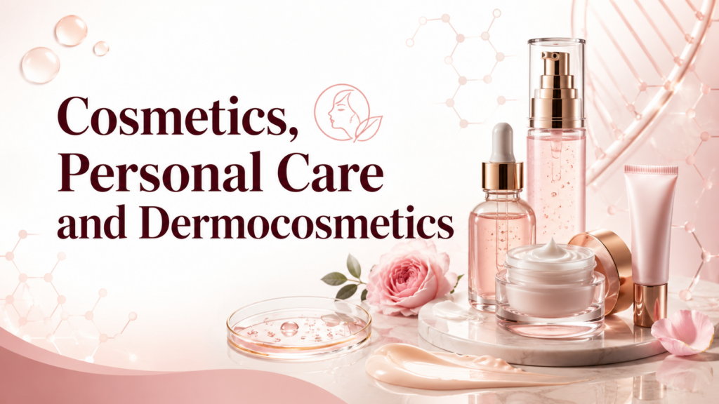 Elegant pink-and-white beauty biotechnology banner with large text reading “Cosmetics, Personal Care and Dermocosmetics,” beside skincare serums, cream jars, cosmetic tubes, laboratory-inspired molecular graphics and soft floral elements.
