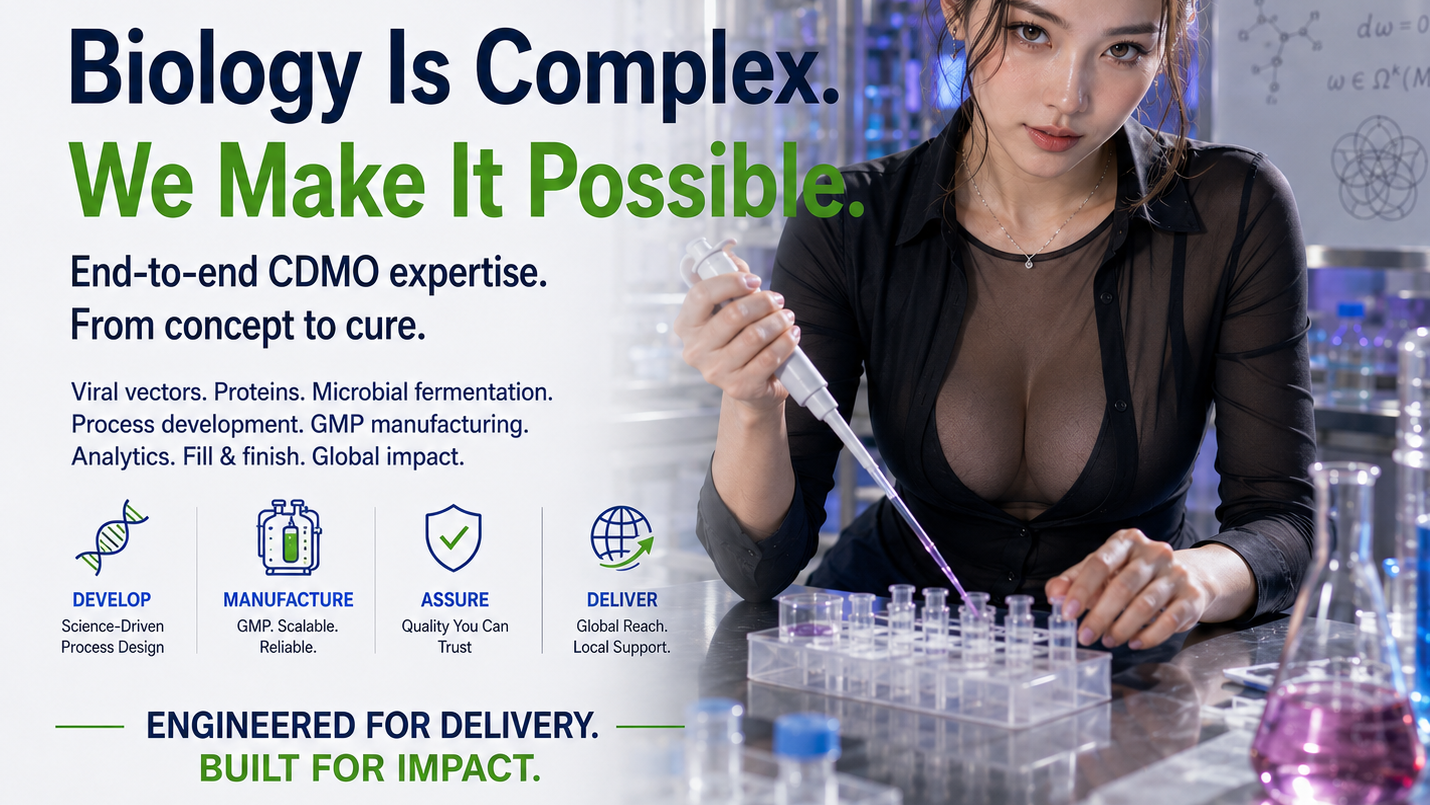 Sophia CDMO advertisement featuring a poised Japanese female scientist with intense eye contact, wearing a fitted black scientific-fashion blouse while pipetting samples in a modern biotechnology laboratory. Large text reads “Biology Is Complex. We Make It Possible.” with supporting icons for development, manufacturing, quality assurance and global delivery.
