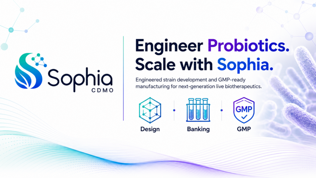 Wide Sophia CDMO banner with the official teal-blue Sophia logo on the left and a clean white biotech background. The right side reads “Engineer Probiotics. Scale with Sophia.” with supporting text about engineered strain development and GMP-ready manufacturing for next-generation live biotherapeutics. Three large icons highlight Design, Banking, and GMP, with subtle molecular graphics, purple-blue probiotic imagery, and flowing teal-to-violet wave lines across the bottom.