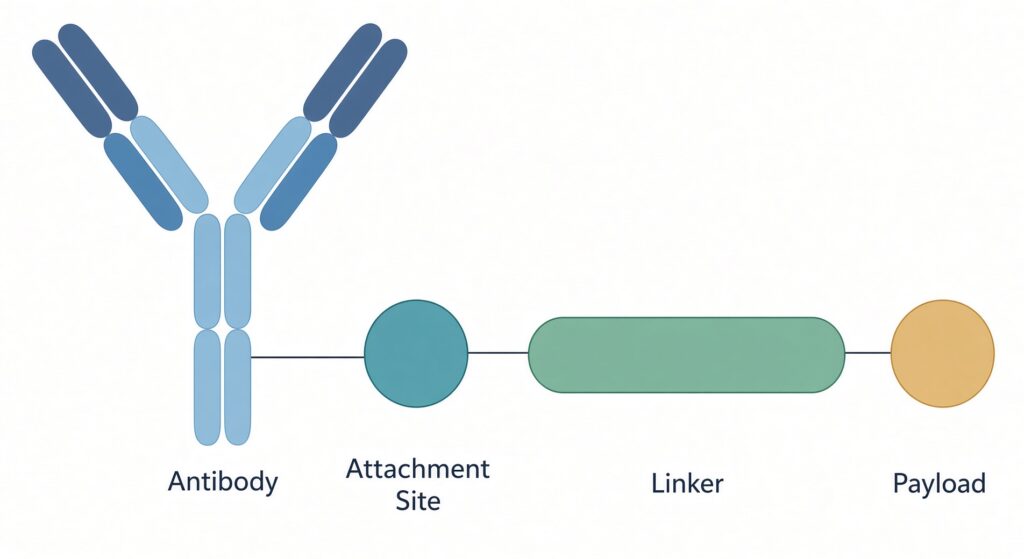 Scientific diagram of an antibody-drug conjugate: a blue Y-shaped antibody linked to a teal circular attachment site, a green elongated linker, and a gold circular payload, with clear labels under each part.