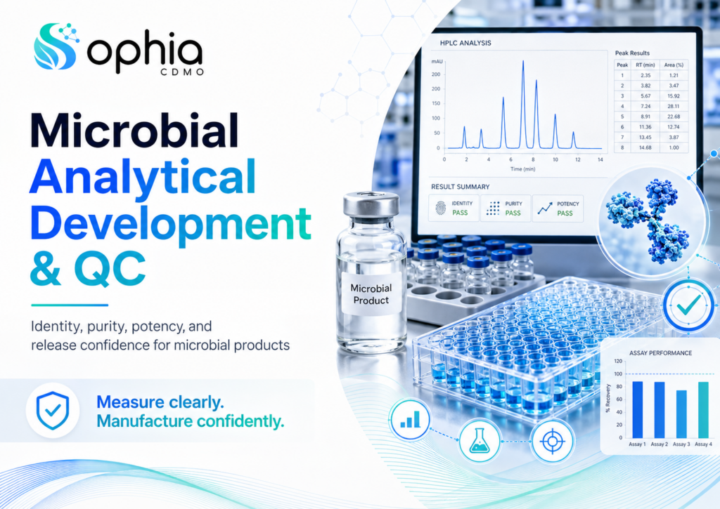 Sophia CDMO microbial analytical development and QC services banner showing HPLC analysis, assay performance charts, microplate testing, microbial product vials, antibody/protein graphics, and QC icons for identity, purity, potency, HCP, residual DNA, endotoxin, CFU, qPCR, HPLC, LC-MS, ELISA, SEC, release specifications, and method suitability for microbial manufacturing.