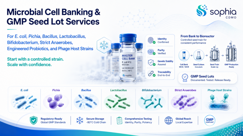 Sophia CDMO banner for microbial cell banking and GMP seed lot services, featuring master cell bank vials, seed train workflow, and organism panels for E. coli, Pichia, Bacillus, Lactobacillus, Bifidobacterium, strict anaerobes, engineered probiotics, and phage host strains, with emphasis on identity testing, purity verification, genetic stability, traceability, and GMP-ready microbial manufacturing.