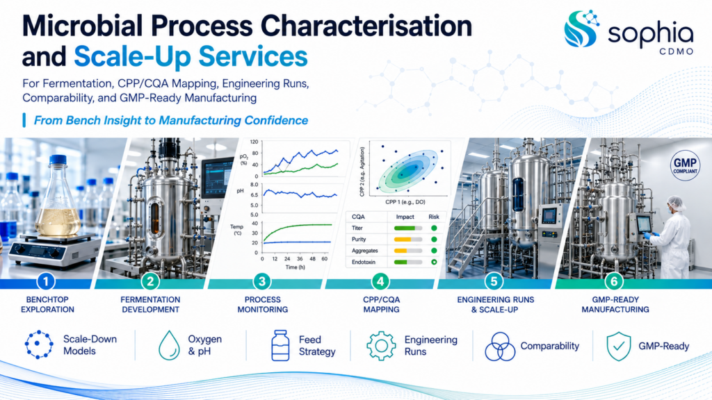 Process characterisation asks a deceptively simple question with high-stakes consequences: what actually controls the product?
In microbial manufacturing the answer is almost never a single variable. Product quality, titre, impurity profile, and downstream processability emerge from a dense, interacting network of biological and engineering factors. These include host strain genotype and phenotype, cell bank generation history and genetic stability, inoculum age and physiological state, media composition and batch-to-batch variability, carbon and nitrogen feed profiles, dissolved oxygen setpoints and control strategy, agitation power input and tip speed, aeration rate and gas composition, pH trajectory and buffering capacity, temperature profile and heat transfer limitations, induction timing and strength, redox potential, fermentation endpoint criteria, harvest conditions, cell lysis method and shear exposure, impurity generation kinetics, drying or lyophilisation stress, and final storage stability. A seemingly minor shift in any one of these can cascade through the system and reshape the entire manufacturing outcome.
Characterisation is essential because scale fundamentally alters the physical and chemical microenvironment the organism experiences. A shake flask is not a stirred tank. A 2 L reactor is not a 1,000 L reactor. A successful 1,000 L run does not automatically predict performance at 10,000 L or beyond. As vessel volume increases, mixing time lengthens, oxygen mass transfer coefficient (kLa) changes, temperature control becomes more demanding, and spatial gradients in dissolved oxygen, pH, nutrient concentration, and shear intensify. Cells can be transiently exposed to microenvironments that simply do not exist at laboratory scale—local hypoxia, nutrient starvation, or elevated shear near impellers. The organism does not see the process the same way the engineer does; it responds to the instantaneous conditions in its immediate surroundings.
Sponsors frequently discover these scale-dependent realities late. Early development data may look strong: high titre, clean expression, acceptable viability, favourable metabolite yield, or robust spore formation. Then a larger campaign reveals lower specific productivity, increased proteolysis or product degradation, elevated endotoxin or host-cell protein burden, reduced CFU recovery, shifted glycosylation or post-translational modification patterns, altered secondary metabolite profiles, unstable pH control, compromised downstream recovery, or unexpected process-related impurities. At that point the programme is no longer in development mode; it is in rescue mode—expensive, timeline-disruptive, and often constrained by limited remaining material and regulatory flexibility.
Sophia prefers to characterise before crisis. The objective is to map the critical process parameters and critical quality attributes early, quantify their interactions, and establish the control strategy while there is still freedom to adjust. This includes defining the design space through deliberate perturbation studies, identifying scale-sensitive parameters via scale-down model qualification, and building process understanding that survives technology transfer and commercial manufacturing. In microbial systems the cost of incomplete characterisation is rarely linear; it compounds. Early, rigorous process characterisation converts uncertainty into controllable levers and turns scale-up from a recurring risk into a predictable engineering exercise.