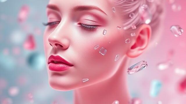 Beautiful female face pink white surrealism, glass crystal peices floating near face, white hair, red lipstick, banner
