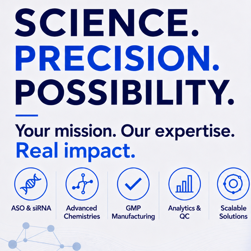 Banner with the message “Science. Precision. Possibility.” Blue Whit Black colors.
