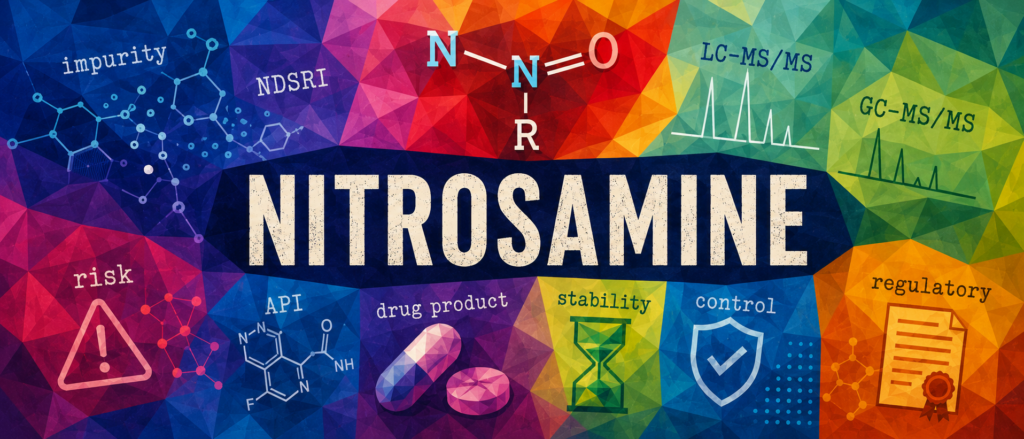 Colourful polygon-style nitrosamine testing artwork featuring molecular structures, chromatography graphs, capsules, risk and stability symbols, and bold scientific terms including impurity, NDSRI, LC-MS/MS, GC-MS/MS, API, drug product, control, and regulatory.