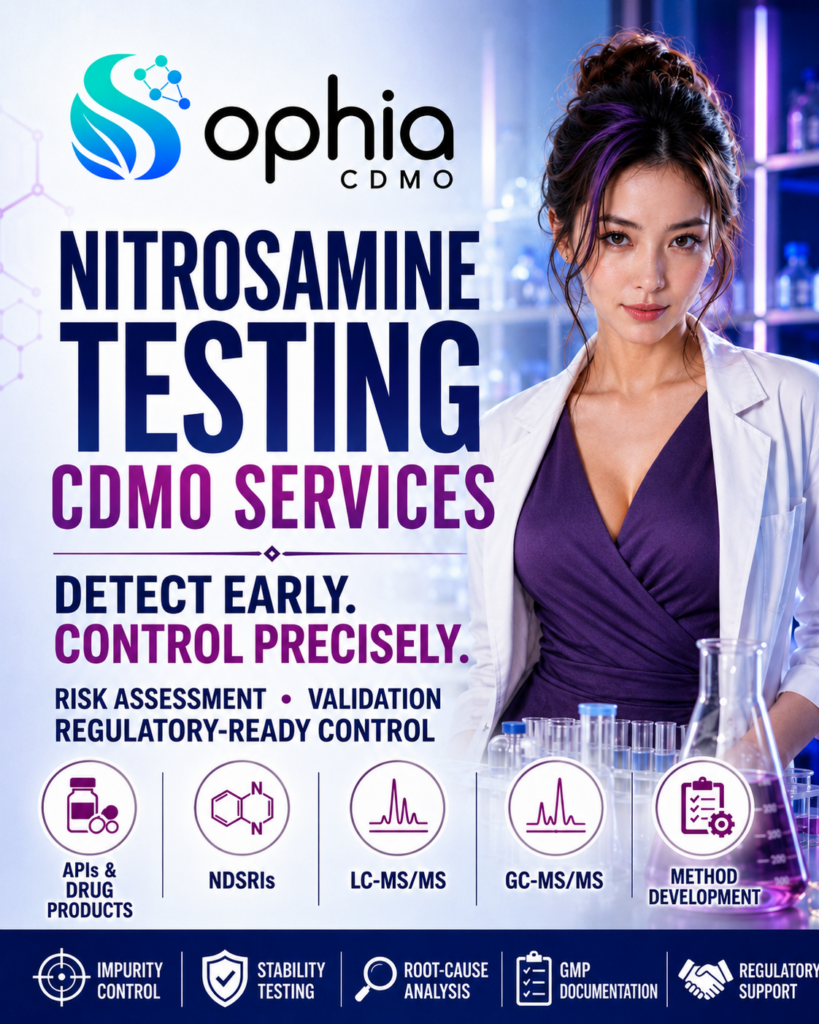 Sophia CDMO ad with woman that reads 'Nitrosamine Testing CDMO Services. Detect early. Control Precisely.'