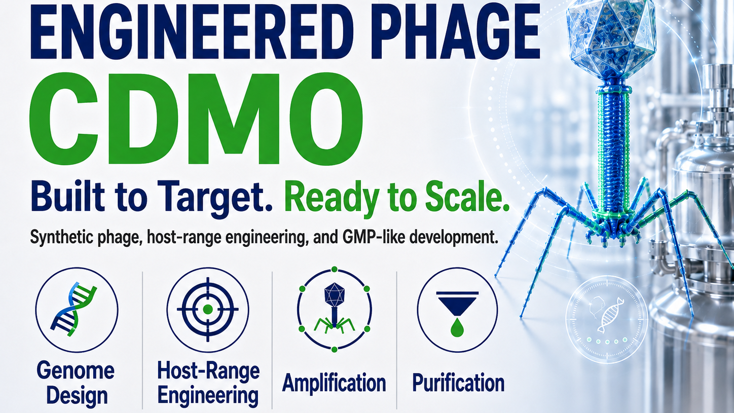 Clean green blue white CDMO advertisement featuring a large blue-green engineered bacteriophage beside bioprocess equipment. Large readable icons highlight genome design, host-range engineering, amplification and purification under the slogan “Built to Target. Ready to Scale.”