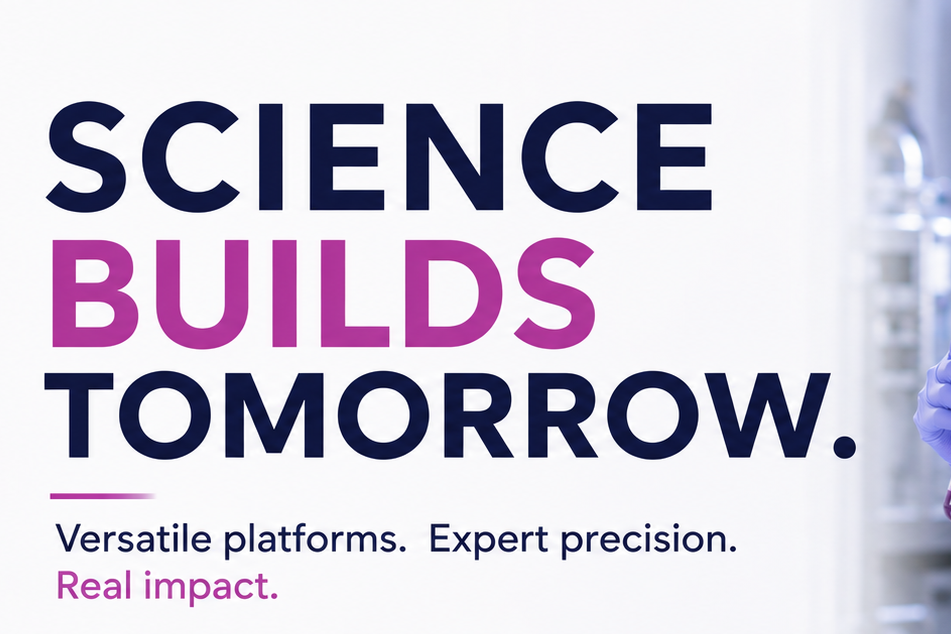 Text reads 'Science Builds Tomorrow. Versatile Platforms. Expert precision. Real impact. Pink white black.