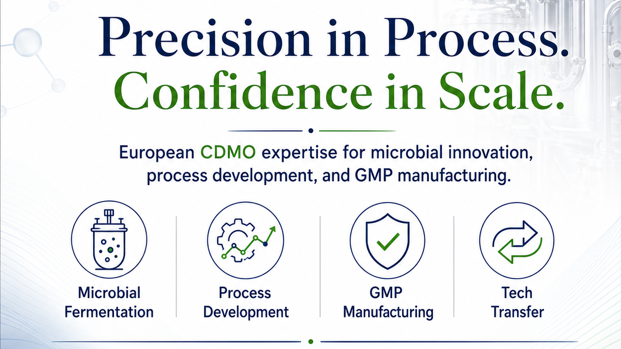 Sophia CDMO corporate biotechnology advertisement featuring the slogan “Precision in Process. Confidence in Scale.” with clear icons for microbial fermentation, process development, GMP manufacturing, and technology transfer against a clean stainless-steel bioprocess background.
