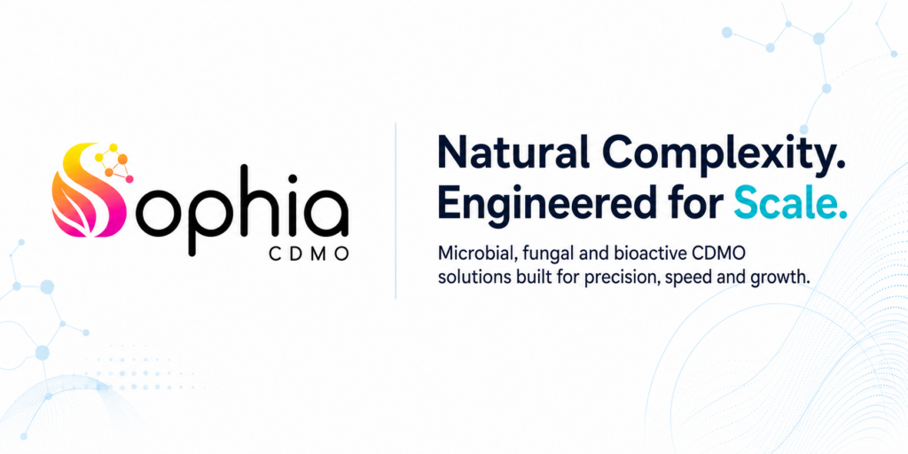 White biotech banner with the official pink, orange, and yellow Sophia logo and the headline “Natural Complexity. Engineered for Scale.” Subtle molecular diagrams and flowing blue linework decorate the background.