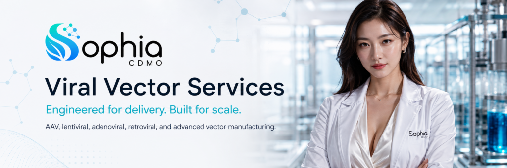 Sophia CDMO Viral Vector Services banner featuring a laboratory scientist and services for AAV, lentiviral, adenoviral, retroviral, engineered viral delivery systems, gene therapy vectors, GMP manufacturing, analytics, and commercial scale-up.