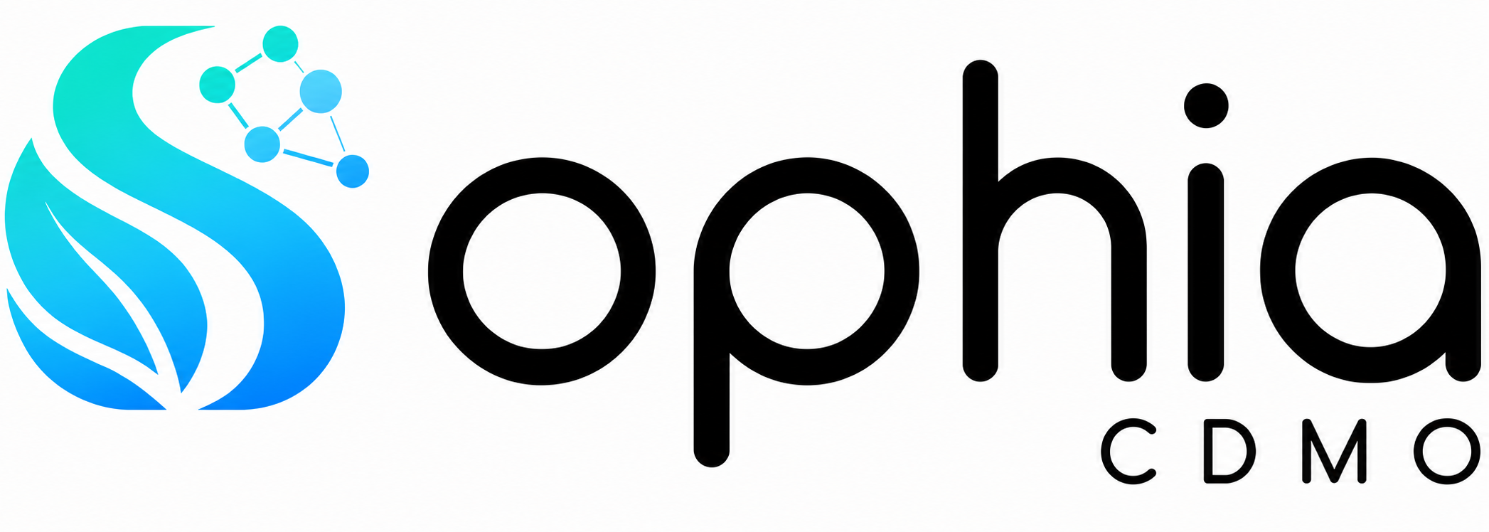 Sophia CDMO logo featuring a flowing turquoise-to-bright-blue molecular S emblem beside bold black “Sophia” text, with widely spaced “CDMO” lettering beneath on a clean white background.